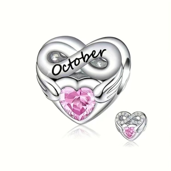 Jewelry - October Birthstone charm pink rhinestone heart on front 925 Silver 4.6mm hole